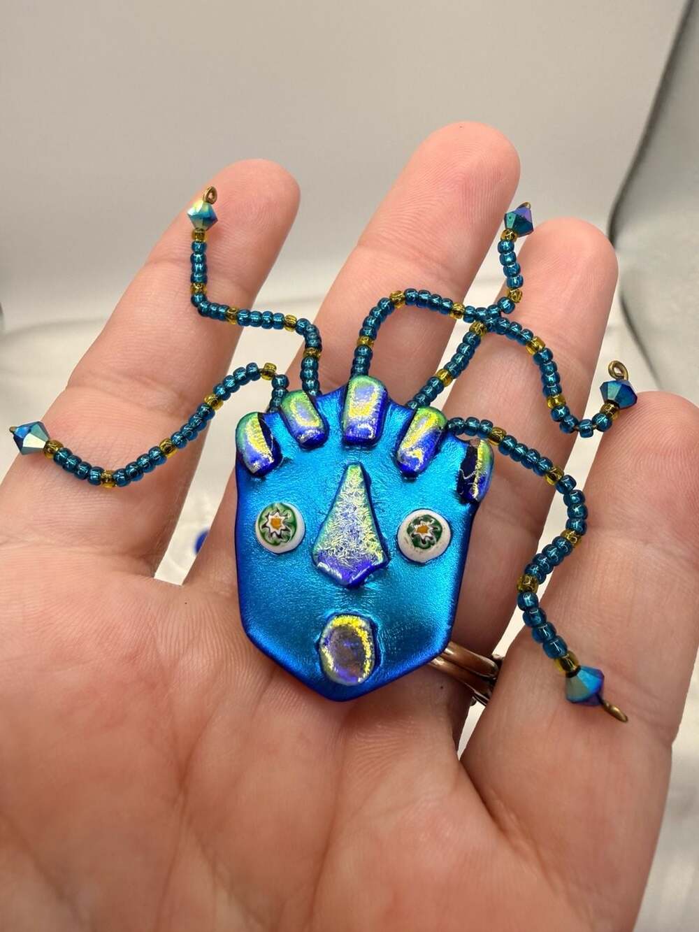 Blue Art Glass Beaded Zany Face Pin Brooch